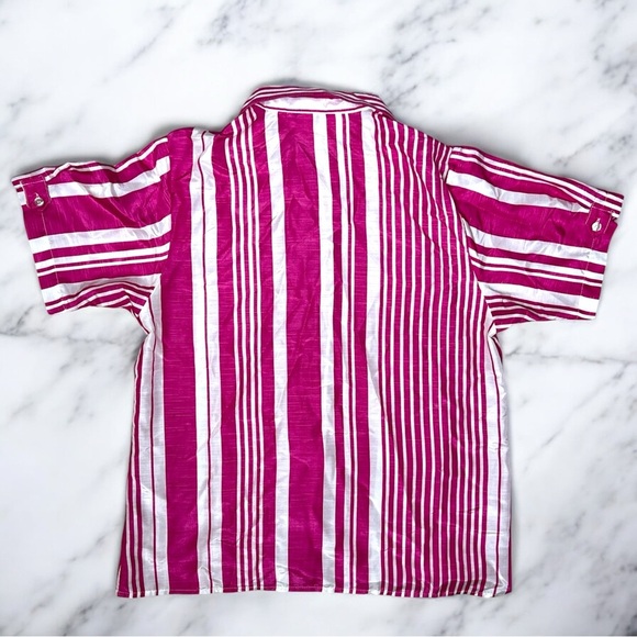 Vintage 80s Pink & White Striped Short Sleeve Button-Up Beachy Retro Blouse - Picture 2 of 9